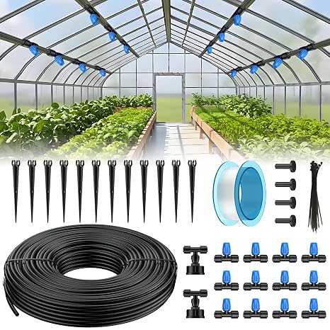Pawfly 50ft Mist Drip Irrigation Kit - Quick-Connect Drip Irrigation System with 14 Tubing, Adjustable Misting Nozzles & Drip Irrigation Parts for Greenhouse, Lawn, Patio and Raised Beds