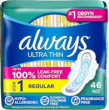 Always Ultra Thin Feminine Pads with Wings for Women, Size 1, Regular Absorbency, Unscented, Up to 100% Leak-Free Protection, 46 Count