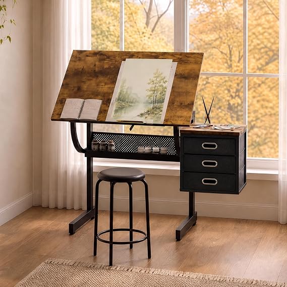 Adjustable Drafting Table with Drawers and Stool for Adults/Artists, Brown
