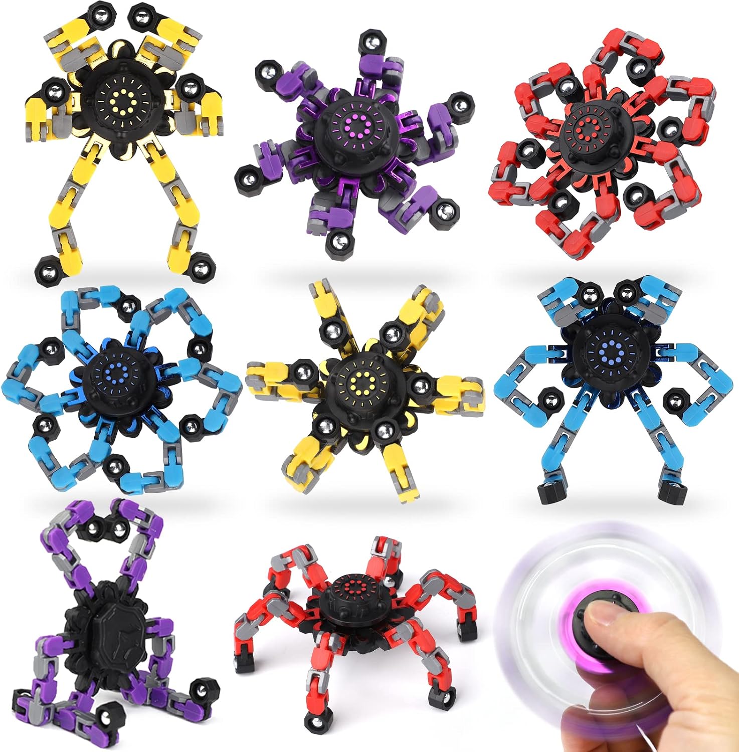 10PCS Deformable Robot Fidget Spinner Transformable Chain Toy for Kids Adults, DIY Fingertip Gyro for Stress Relief, Creative Hand Finger Spinning Desk Toy, Birthday Gift Party Favor