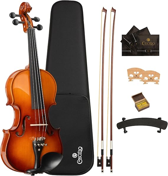 Cecilio 4/4 Full-Size Left-Handed Violin, Solid Spruce Top & Maple Body Professional Fiddle Set Includes Hard Case, 2 Bows, Rosin, Bridges & Extra Strings