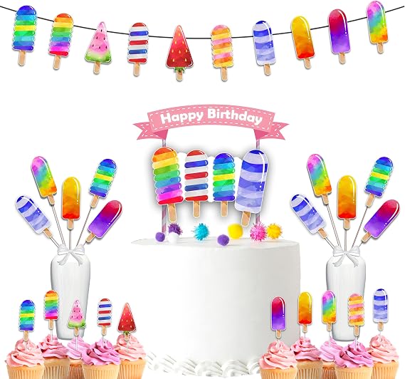 Popsicle Ice Cream Party Decorations Set Summer Birthday Supplies with Banner, Cupcake Toppers, Cake Topper & Centerpieces for Kids or Baby Shower