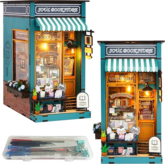 Book Nook DIY Kit for Teens and Adults, Miniature Booknook Dollhouse with LED, 3D Wooden Bookshelf Decor, Handmade Dioramas Bookend Craft Gifts for Birthday, Graduation, Halloween (Soul Bookstore)