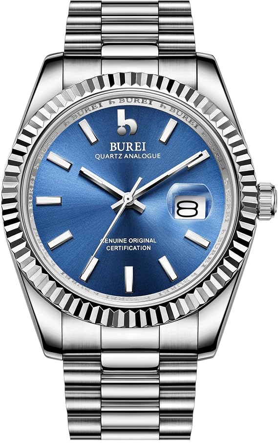 BUREI Luxury Men's Analogue Quartz Watch Date Display with Sapphire Glass Luminous and Stainless Steel Strap