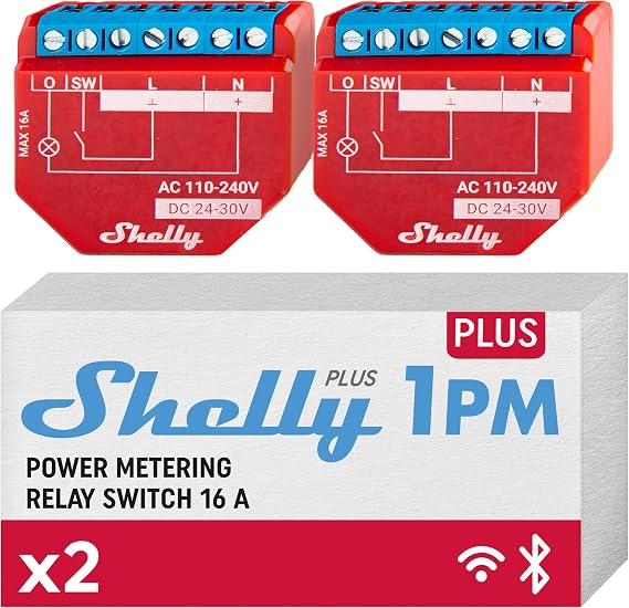 Shelly Plus 1PM Wifi and Bluetooth Relay Switch with Current Measurement Home Automation Works with Alexa and Google Home iOS and Android App No Hub Required Control DIY Lights (2-Pack) [Energy Class A]