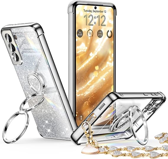 XYZ for Samsung Galaxy S22 Case with Stand, Galaxy S22 Case with Double Ring, Women Girls Bling Luxury Glitter Clear Phone Case Cover Heart for Samsung Galaxy S22, Silver