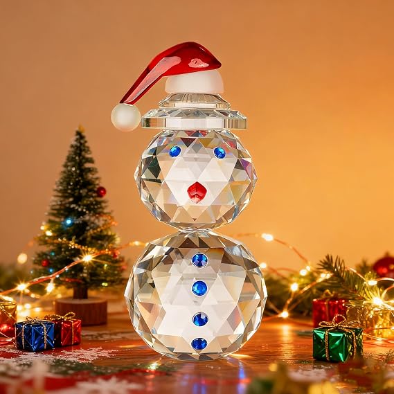 Crystal Snowman Figurine with Red Hat Christmas Glass Ornament Table Decor