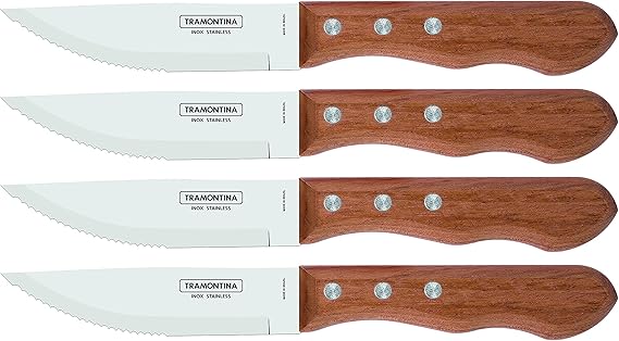 Tramontina 5 Jumbo Steak Knives Set of 4, Sharp Knife with Wooden Handle, Camping, Kitchen, Rustic, 22399079 | FSC certified, rust-proof, serrated edge