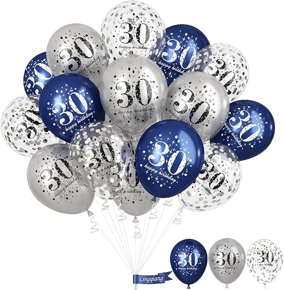 Blue Silver 30th Birthday Latex Balloons, Navy Blue Silver Happy 30th Birthday Party Decorations for Men, 15 Pcs 30th Balloons for Him Age 30 Years Old Birthday Celebration Party Decorations Supplies