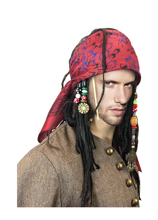Exact WIG w/Bandana Dreadlock And Hair Beads Stick DLX Jack Sparrow Costume