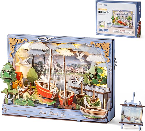 3D Wooden Puzzles for Adults - DIY Model Building Kits Ship Crafts with LED Light - Home Decor, Wall Art & Unique Creative Gifts for Art Lovers (Red Sailboat)