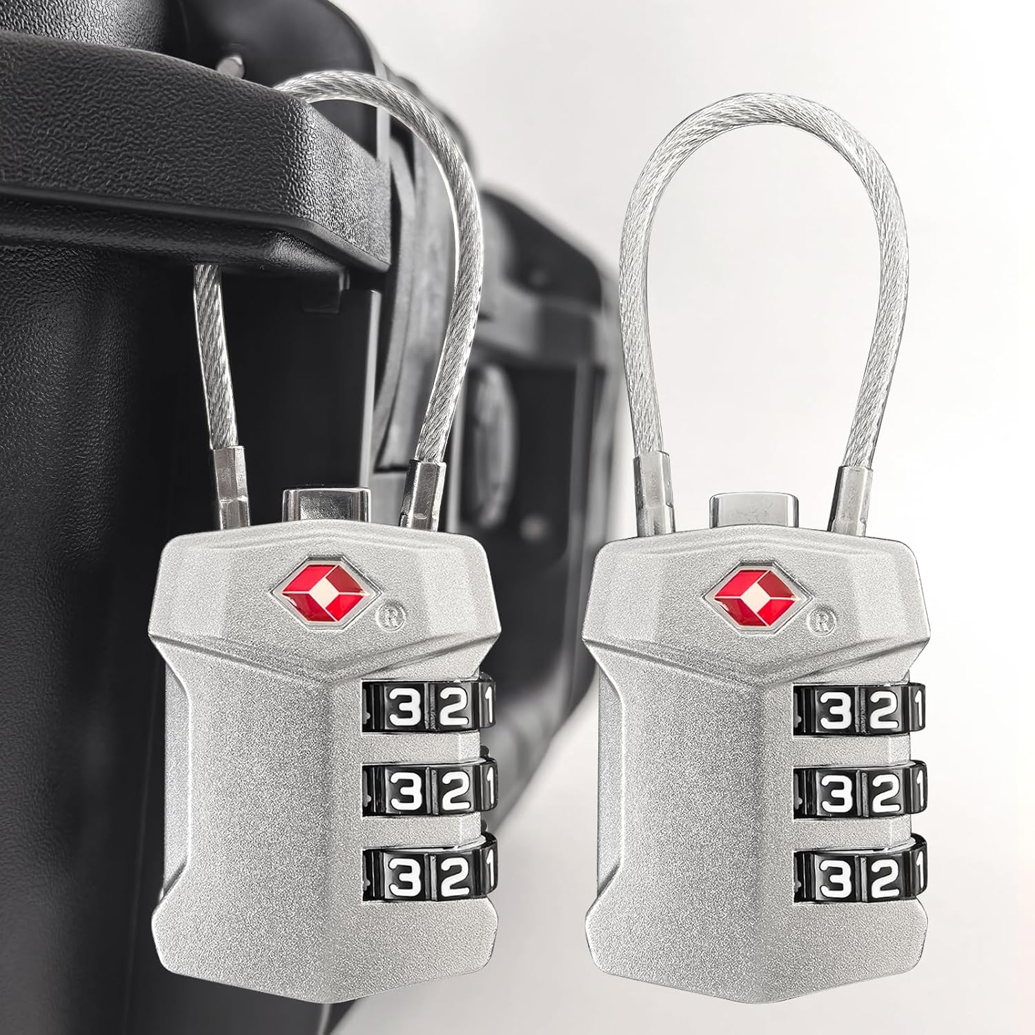 2 Pack TSA Approved Travel Luggage Locks, Cable Combination Lock, 3 Digit Padlock, Alloy Steel Cut-Resistant Cable, Weatherproof Zipper Lock for GunSuitcases, Backpacks, Gym Lockers, Golf Bags-NO KEY