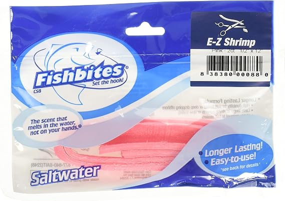 Fishbites E-Z Longer Lasting Shrimp Scented Saltwater Bait 1/2" Wide x 12" Cut-to-Size Strips Fiber-Mesh Reinforced, Stays on Hook for Surf Casting & Jigging Fishing Gear