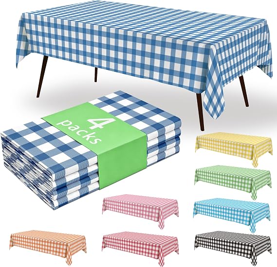 4 Pack Disposable Plastic Tablecloths, 54 x 108 Inch Waterproof Sea BlueWhite Gingham Check Table Covers, Rectangle Spillproof Table Cloths for Picnic, Birthday Party, Back to School Supplies