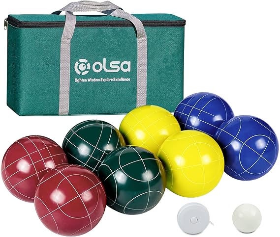 Olsa 90/100/107mm Bocce Balls Set Outdoor Games,Bocci Ball Yard Games Backyard Game Set with 8 Poly-Resin Balls, 1 White Pallino, Premium Carrying Bag, Outdoor Game for Adults Family