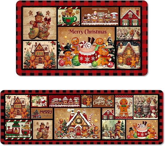 Merry Christmas Kitchen Rugs Sets of 2, Buffalo Plaid Gingerbread Kitchen Floor Mat Non Skid, Washable Sink Runner Rugs, Xmas Winter Holiday Decorations - 15.7 x 27.5 and 15.7 x47 Inch