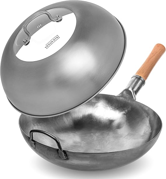 YOSUKATA Silver Round Bottom Pan Stir Fry Pans For Cooking + Wok Lid 13.6 Inch - Premium Stainless Wok Cover with Tempered Glass Insert Steam Holes