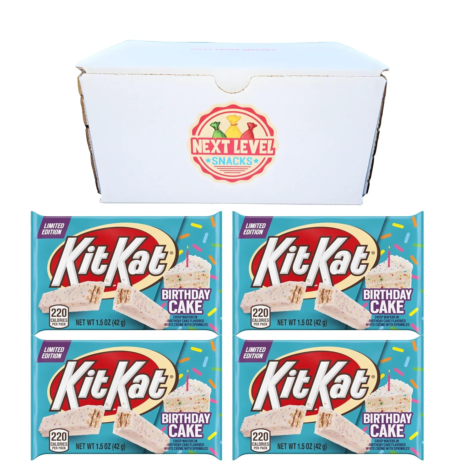 Kit Kat Birthday Cake - Limited Edition Birthday Cake Flavored Wafer - Next Level Snacks Box - Pack of 4-1.5oz Bars