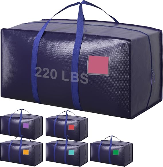 6 Pack Moving Bags Heavy Duty 210GSM with Full-Open Side Zipper, 93L 220lbs Waterproof Foldable Storage Totes for College Dorm Move-In, Moving Boxes Alternative & Home Organization, Blue