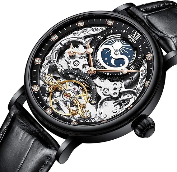 Mens Luxury Skeleton Automatic Mechanical Wrist Watches Leather Moon Phrase Luminous Hands Self-Wind Watch,Tourbillon Automatic Waterproof Wrist Watch,Black