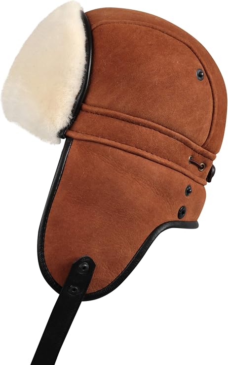 Unisex Shearling Sheepskin Aviator Russian Ushanka with Snap Hat