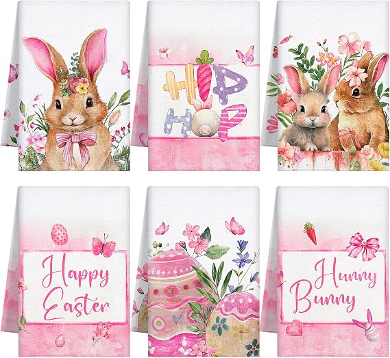 Hosuly 6 Pcs Easter Kitchen Towels Bunny Hand Tea Towels Lovely Bunny Egg Dish Towel Absorbent Reusable Washable Polyester Drying Dishcloths for Spring Farmhouse Cooking Accessories, 24 x 16 Inch