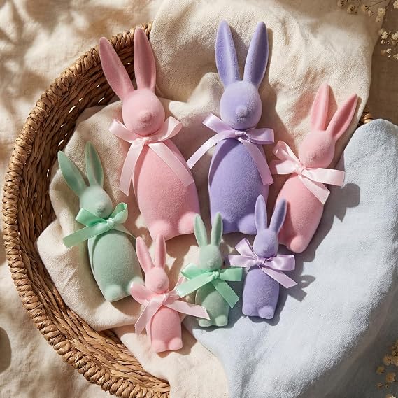 7 Pcs Pastel Bunny Flocked Resin Figurines Set, 3 Sizes Pastel Flocked Rabbits Mothers Day Supplies Spring Table Decorations for Tiered Tray Shelf Wedding Home Decor(Classic Color)