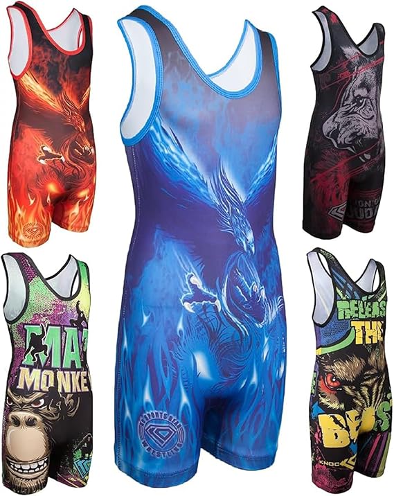 KO Sports Gear Youth Wrestling Singlets, Animal and Fantasy Designs, XXS-L