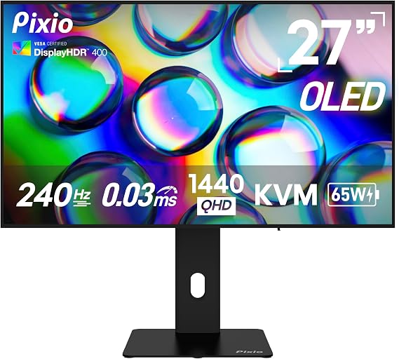 Pixio 27" WOLED Gaming Monitor, QHD 1440p, 240Hz, 0.03ms, DisplayHDR True Black 400, Adaptive Sync, KVM Switch, Fully Adjustable Stand, HDMI 2.1, DisplayPort, USB-C, RGB Light, PX277 OLED Max V2 | 0.03ms, DisplayHDR True Black 400, Adaptive Sync, KVM Switch, Fully Adjustable Stand