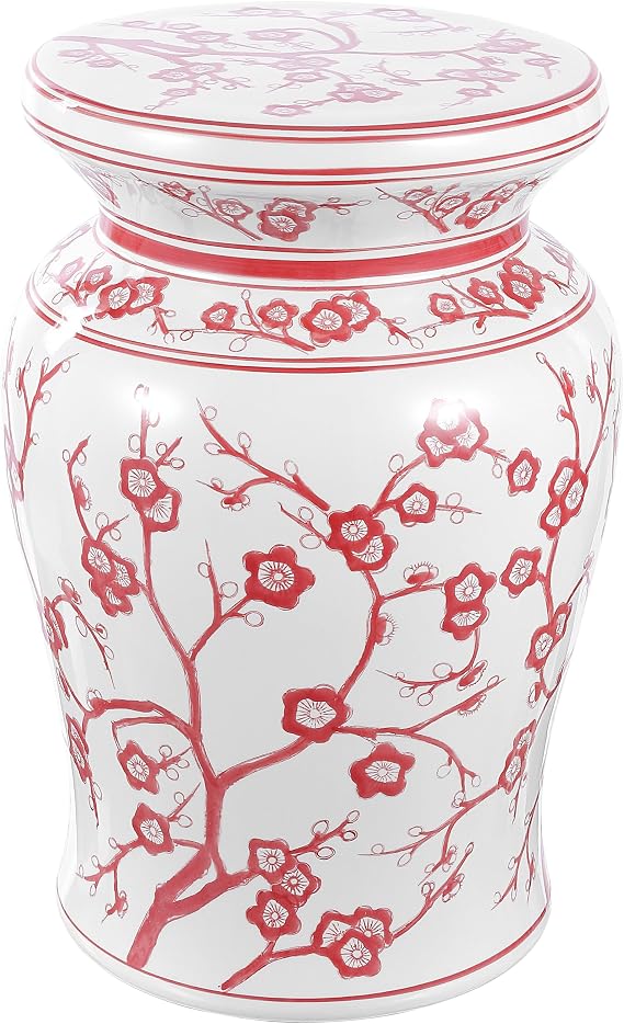 JONATHAN Y Cherry Blossom 18" Ceramic Garden Stool Side Table, White/Red