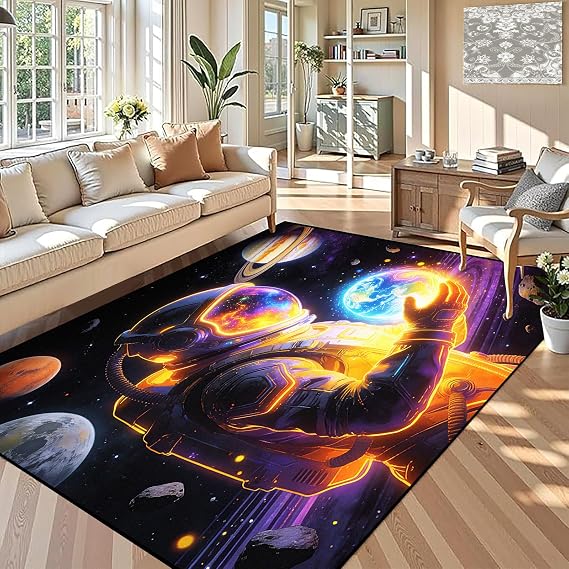 Galaxy Area Rug 5x7 Outer Space Washable Rugs for Living Room Bedroom Dining Room Non-Slip Universe Astronaut Carpet for Kids Boys Playroom Solar System Doormat Floor Mats Indoor Decor