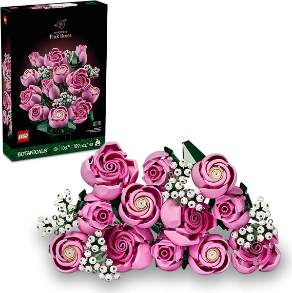 LEGO Botanicals Bouquet of Pink Roses Artificial Flowers - Building Blocks for Adults, Ages 18+ Gifts for Birthdays for Her - Flowers for Home Office, Shelf or Room Decor - 10374