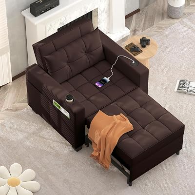 DURASPACE Pull Out Sofa Bed 3-in-1 Convertible Sofa Sleeper Chair Bed with USB, Cup Holder, Adjustable Armchair Beds for Small Spaces, Apartment, Living Room, Office Caramel Brown Faux Leather