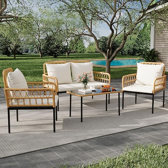 4 Pieces Patio Furniture Set, Outdoor Wicker Rattan Bistro Set with Glass Table & Thick Cushions, Boho Patio Conversation Loveseat Chairs Set for Balcony, Garden, Backyard, Poolside,Beige