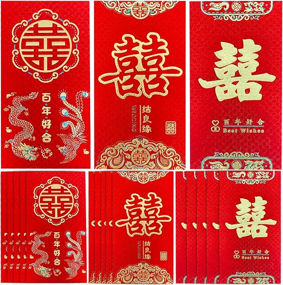18Pcs Chinese Red Envelopes for Wedding, Large Hong Bao Lucky Money Cash Envelopes Red Packets Lai See for Wedding Newlyweds Bride Groom, Lunar New Year, Spring Festival, Birthday, etc