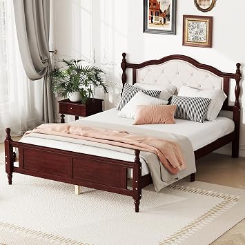 Queen Size Platform Bed, Pine Wooden Bed with Upholstered Headboard and Footboard, with Two Bed Rail Support Feet and Central Platform Support Feet, Cherry