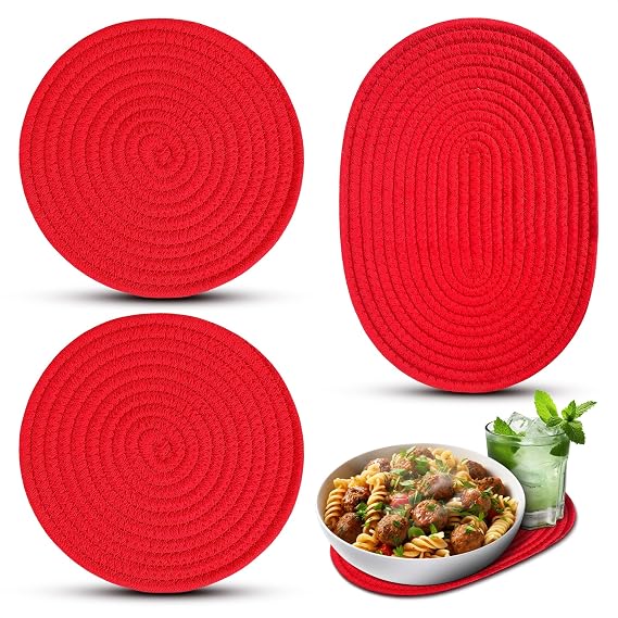 3 Pcs Red Trivets for Hot Pots, Cotton, Round 8.5" and Oval 12x8.5