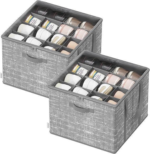SONGMICS Shoe Organiser Box 16 Pairs, Clear Lid, Grey
