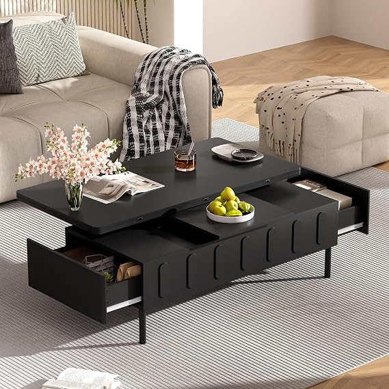 Lift Top Coffee Table with Hidden Storage, Modern Center Table with 2 Drawers and Foldable Adjustable Top, Multi-Functional Space Saving Table for Living Room, Black