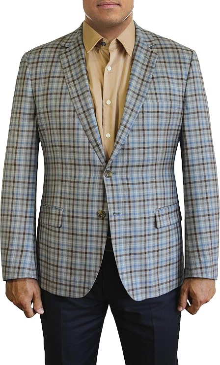 Daniel Hechter Light Blue and Brown Plaid Two Button Jacket