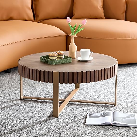 31.5'' Small Coffee Table, Modern Round Solid Wood Coffee Tables for Living Room Apartment Office Studio Circle Drum Wooden Handcrafted Relief Fluted & Gold Sturdy Pedestal, Walnut