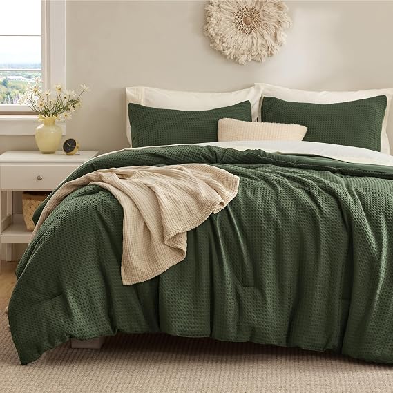 Bedsure Full Waffle Comforter Set Dark Green, Soft and Breathable Bedding