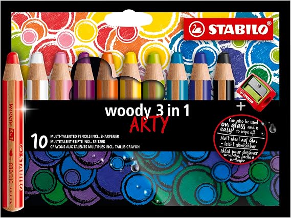 STABILO Multi-Talented Pencil woody 3 in 1 ARTY - Pack of 10 - Assorted Colors with Sharpener