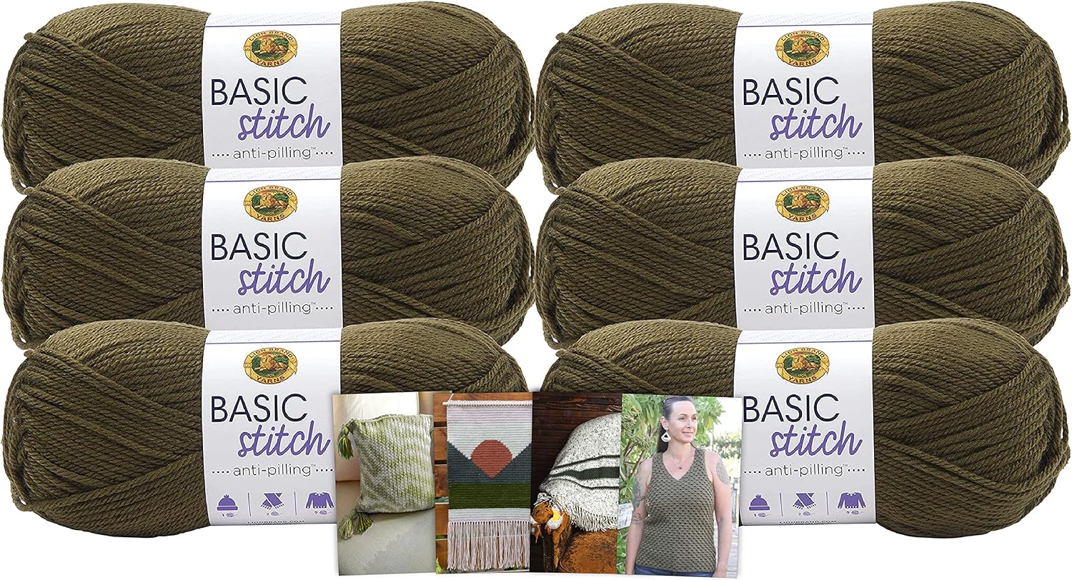 Lion Brand Basic Stitch Anti Pilling Yarn - 6 Pack with Pattern Cards Olive