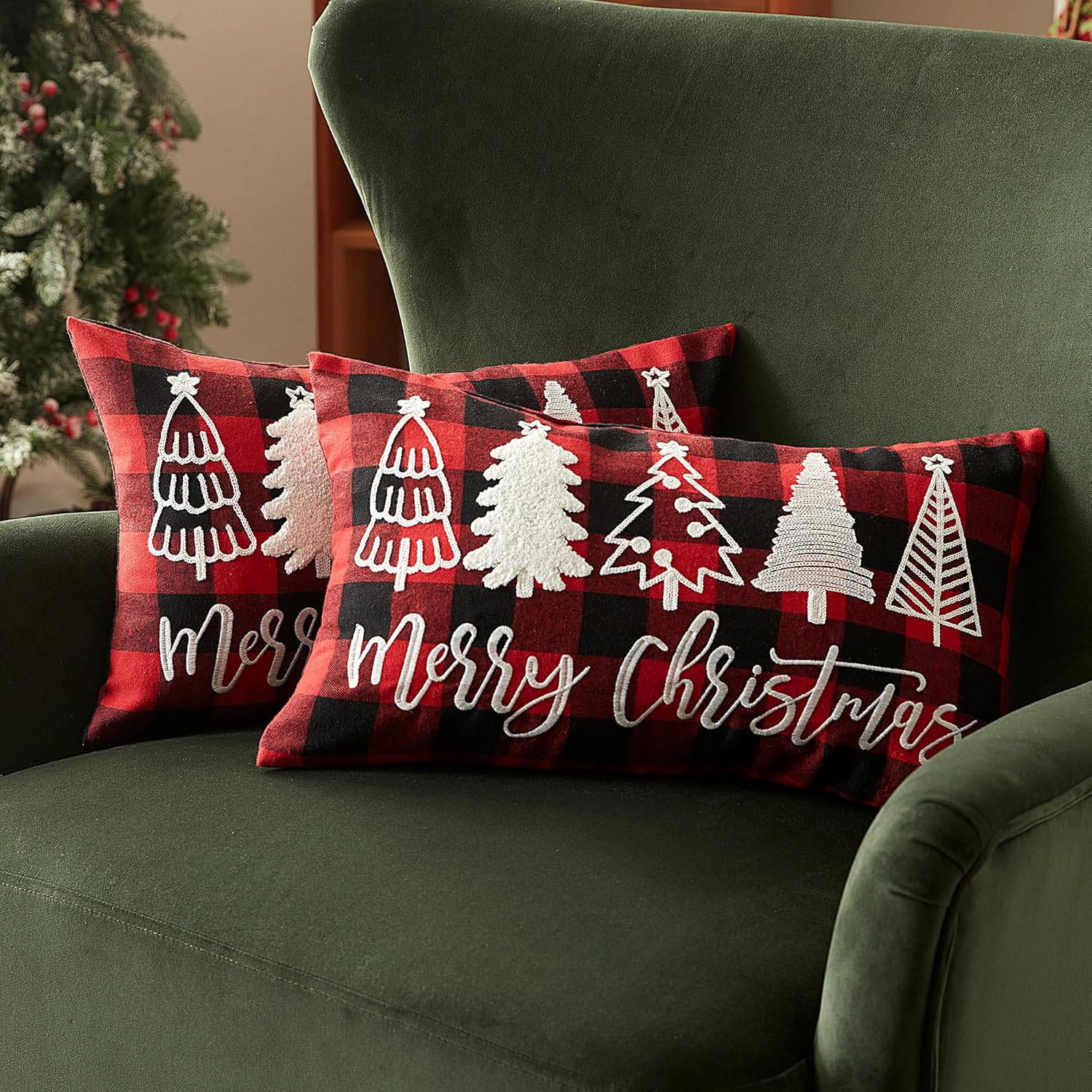 Sonvie Christmas Cushion Covers Set Of 2 with Christmas Tree Decor for Christmas, Soft Decorative Square Throw Pillow Cover 30x50cm(12x20in), Pillows Cases for Bedroom Sofa Couch Decorations