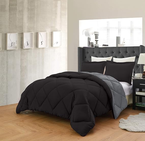 Empire Home 3 Piece Solid Alternative Dayton Comforter Set 16 Color Combinations (Black/Gray, Twin)