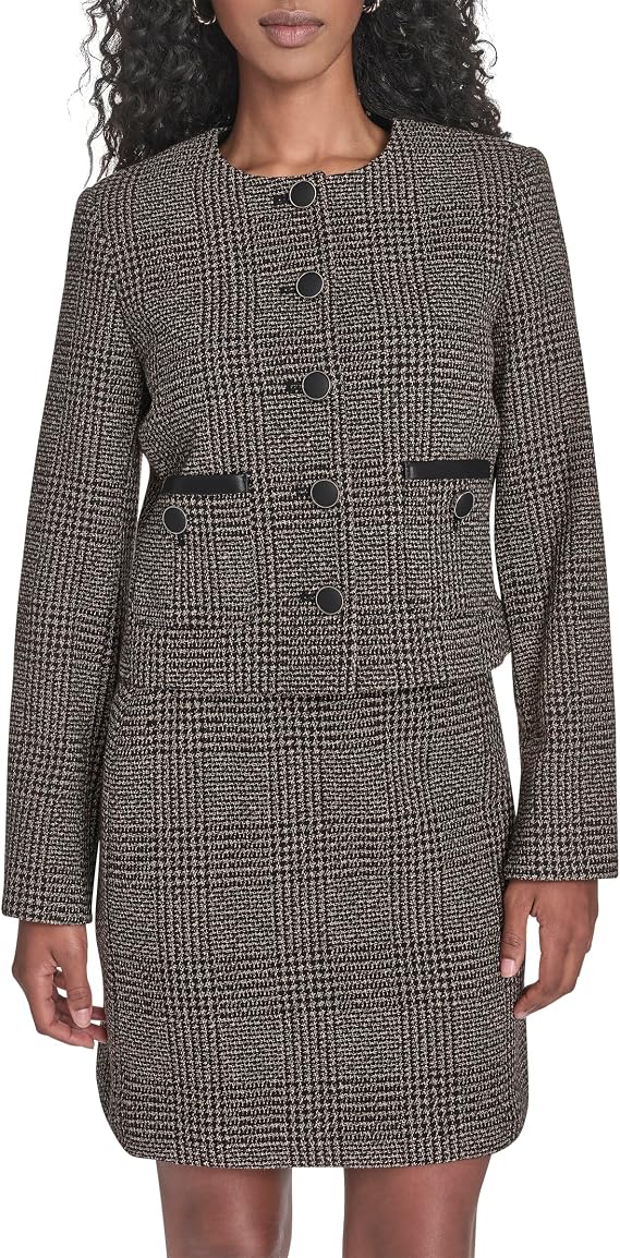 Calvin Klein Women's Shoulder Padding Button Closure Front Pocket Crew Neck Jacket