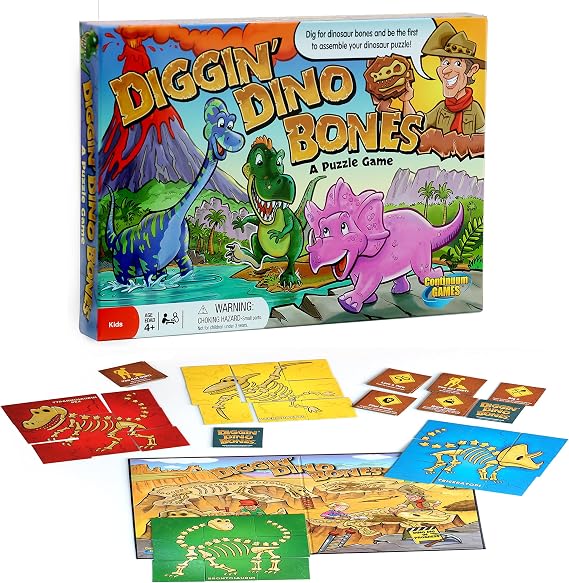 Continuum Games - Digging Dino Bones Board Game, Kids Aged 4 & Up | 2-4 Players, Ages 4 and Up, Trade Cards to Build a Complete Dinosaur