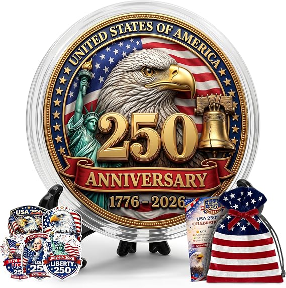 America 250 Anniversary Commemorative Coins | 250th Gold Plated Commemorative Coin | USA Independence Day & 4th of July Gift | Bald Eagle, Liberty Bell & Statue of Liberty | Case, Velvet Pouch & Stand