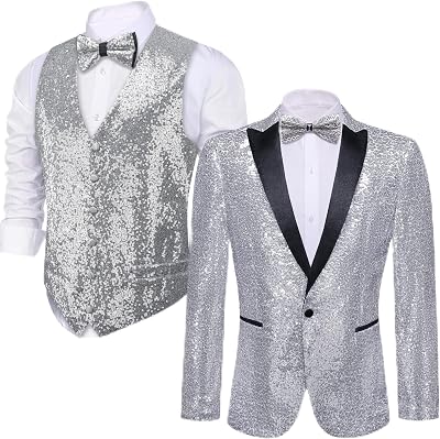 Barry.Wang Mens Sequins Blazer Shiny Vest Waistcoat Bowtie Set Sparkle Dress Suit Jacket Cocktails Shiny Metallic Disco Dance Party Tuxedo Homecoming 4pcs XL